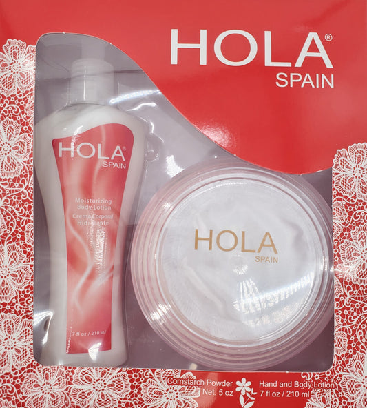 Hola Spain Red Gift Set: 5 oz Perfumated Cornstarch Dusting Powder & 7 oz Moisturizing Hand & Body Lotion