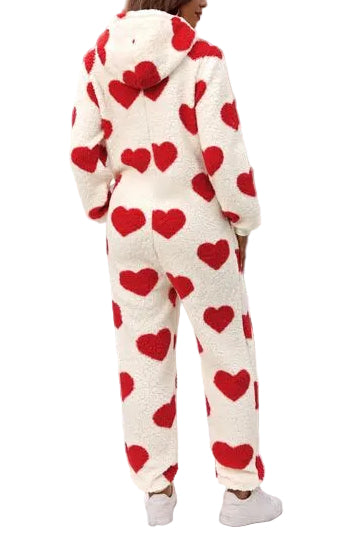 Fuzzy Sherpa Heart Hooded Zip-Up Teddy Sherpa One-Piece Loungewear Jumpsuit