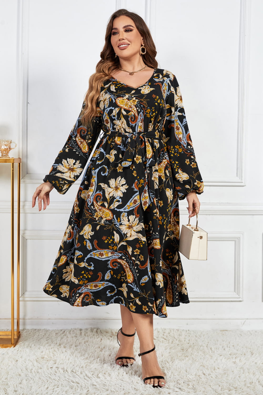 Paisley Floral Retro Print Tie Belt Balloon Sleeve Modest Midi Dress (Plus Size Only)