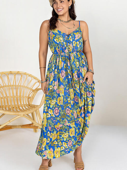 Hippie Maxi Dress Boho Sleeveless Button V-Neck Summer Retro Floral