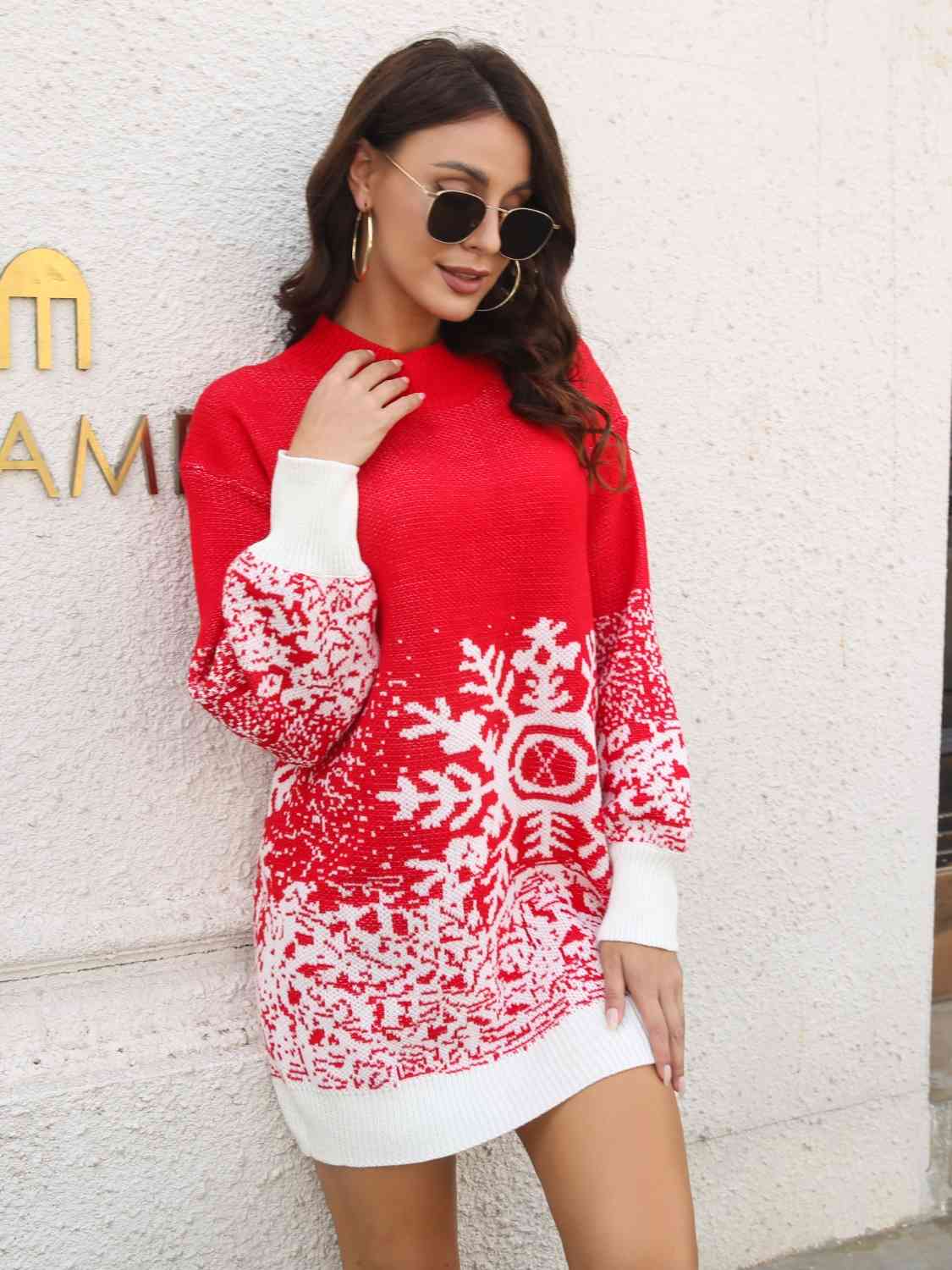 Contrasting Color Snowflake Classic Knit Long Sleeve Mini Sweater Dress