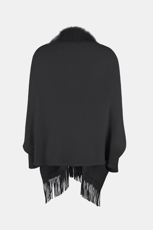 Plush Faux Fur Retro Fringe Hem Open Front Knit Poncho Knit Cardigan