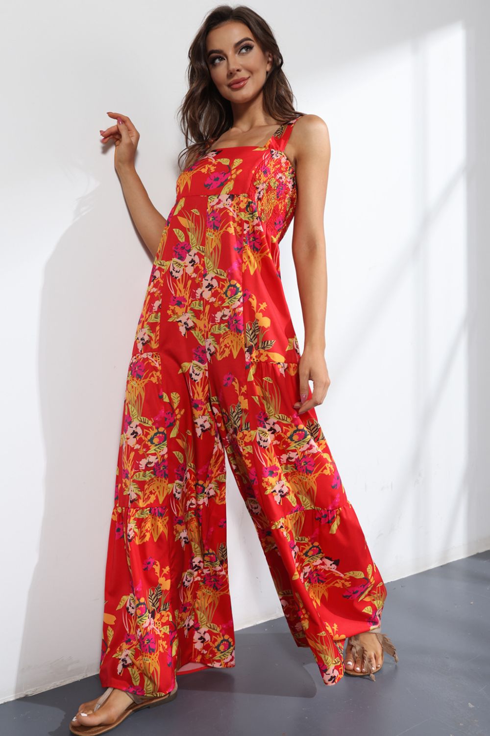 Floral Smock Side Jumpsuit Tiered Oversized Wide Leg One-piece Pant Outfit