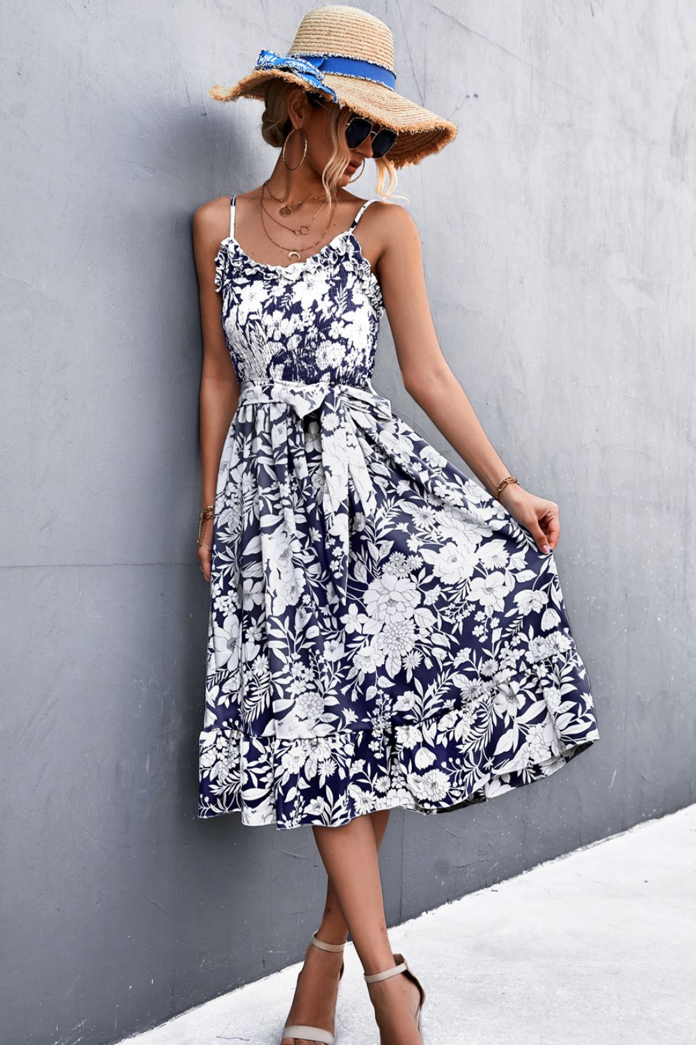 Chic Floral Ruffle Tie Belt Midi Summer Dress