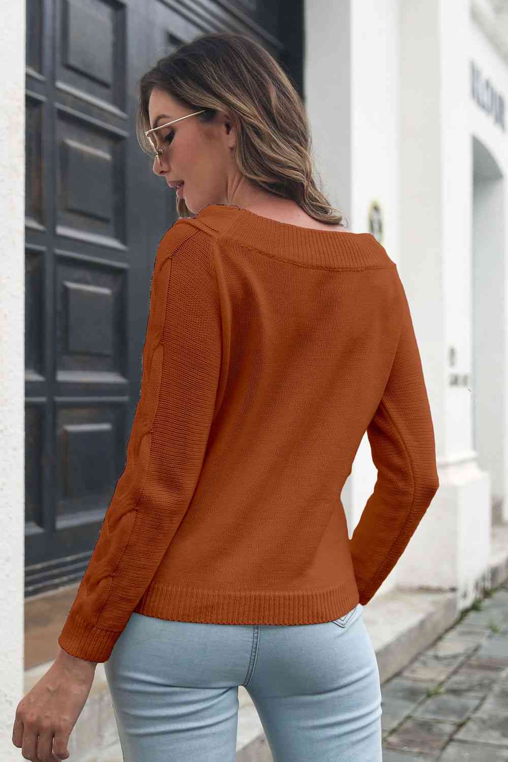 Cable Knit Braided Boat Neck Long Sleeve Minimalist Casual Sweater Shirt