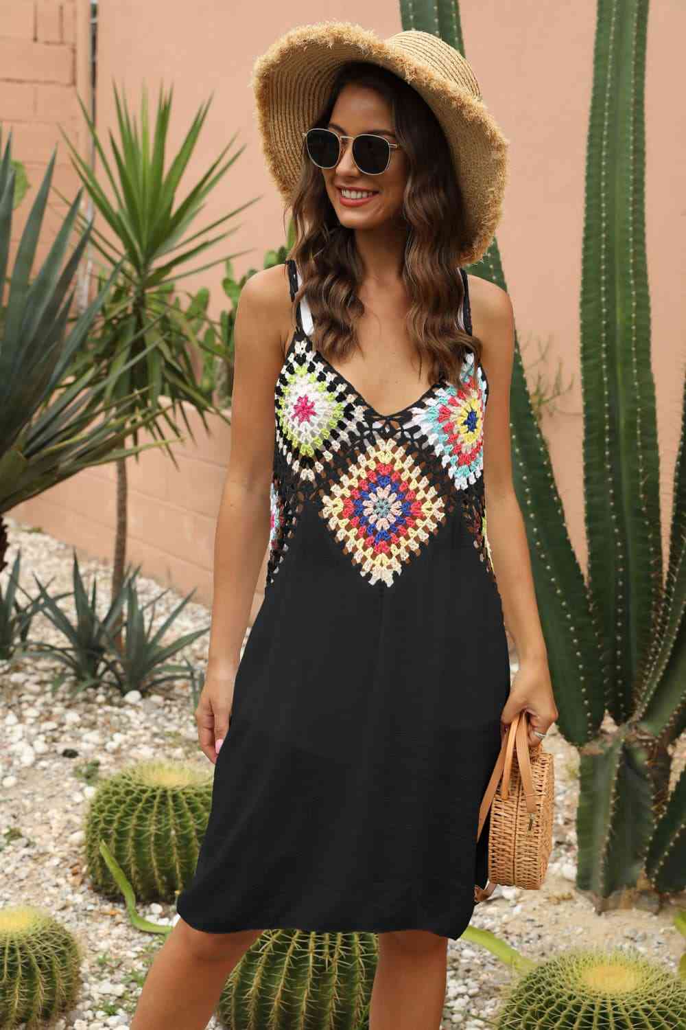 Granny Square Crochet Openwork Retro Swimwear Cover-Up Sleeveless Mini Dress