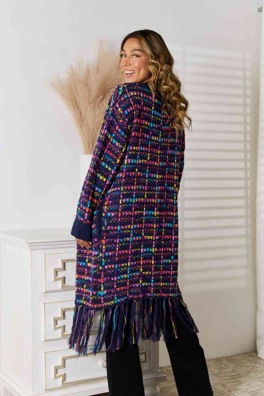 Bold Retro Knit Colorful Fringe Hem Longline Duster Sweater Pocket Cardigan