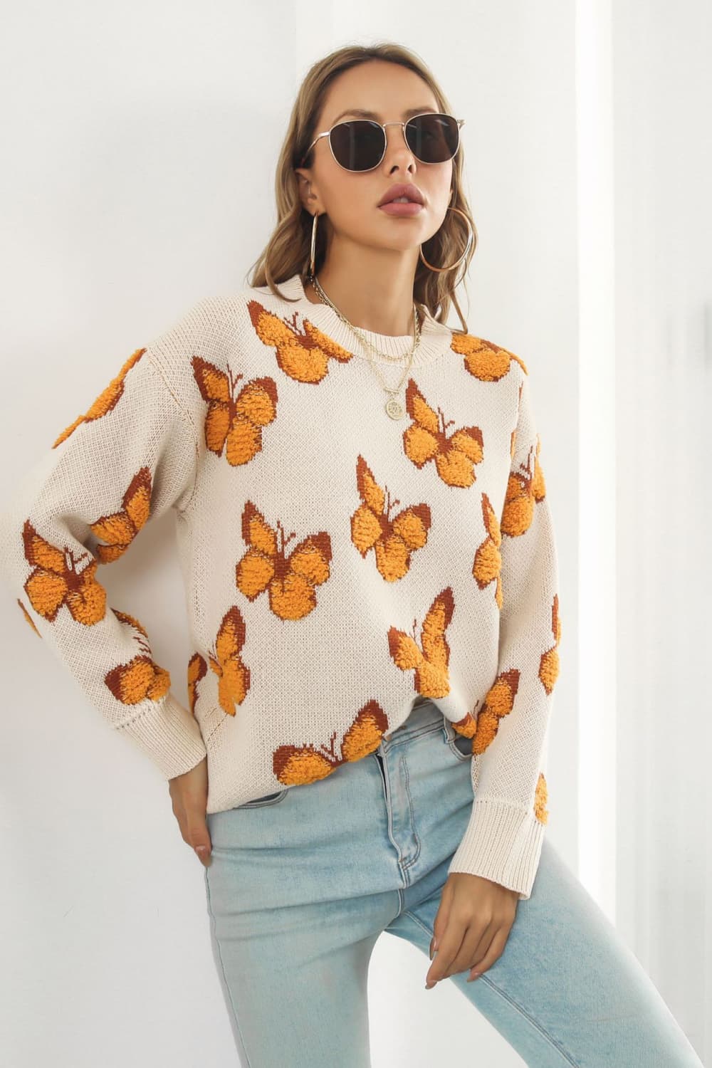 Fuzzy Monarch Butterfly Raised Shag Bold Colors Knit Pullover Sweater Shirt