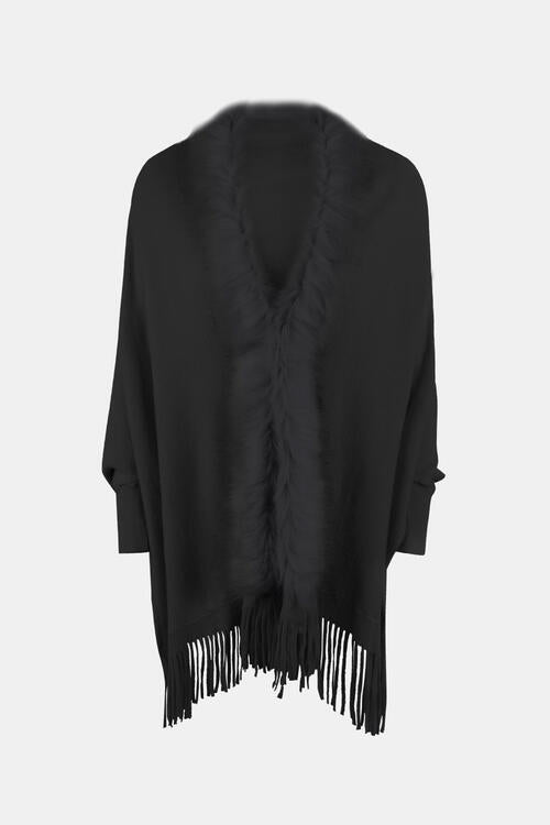 Plush Faux Fur Retro Fringe Hem Open Front Knit Poncho Knit Cardigan