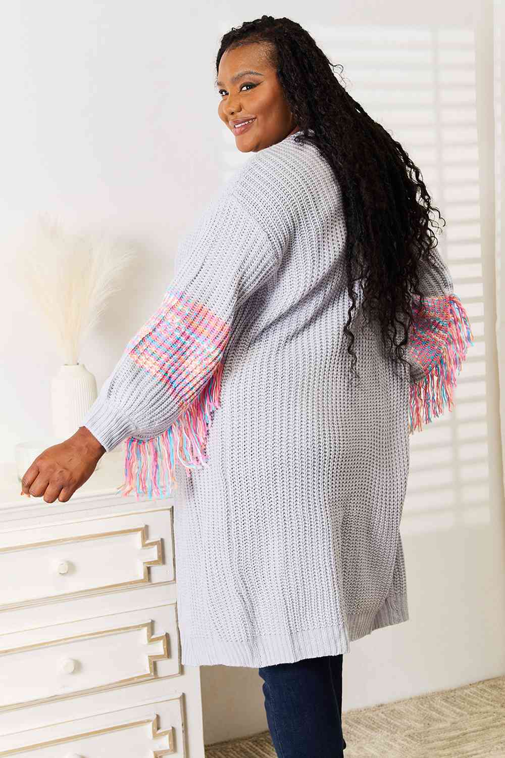 Fringe Retro Waffle Knit Cardigan Sleeve Colorful Open Front Sweater Duster