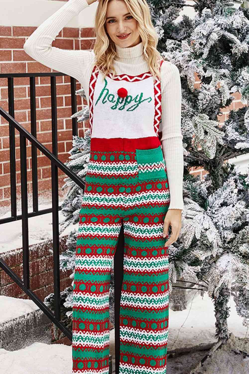 Knit High Waist Bib One-piece Pant Overall Geometric Fair Isle Jumpsuit