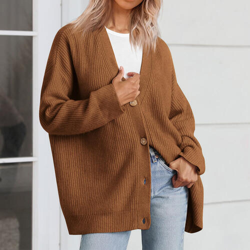 Ribbed Knit Oversized Button Front Classic Long Sleeve Button Front Cardigan