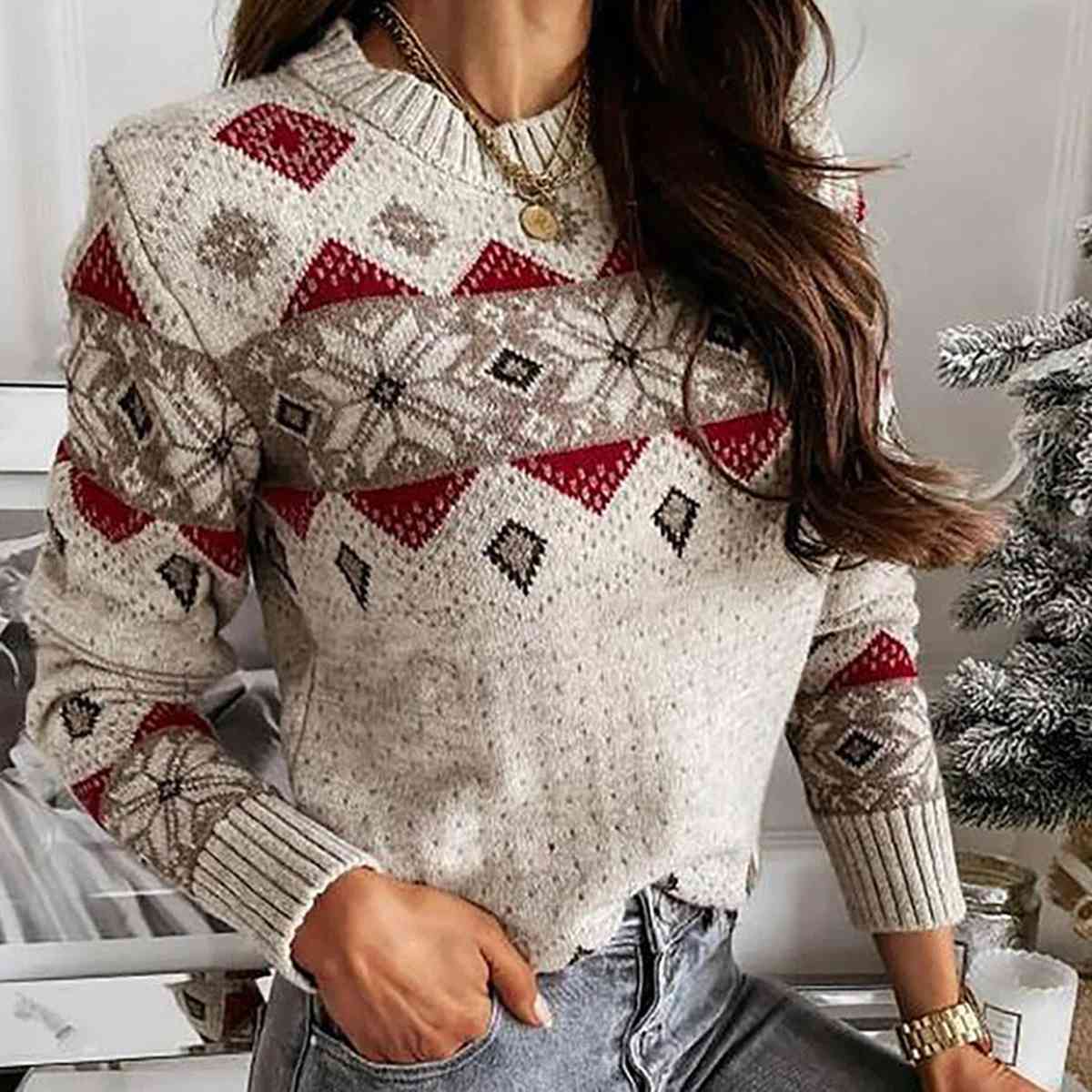 Geometric Fair Isle Contrasting Winter Snowflake Long Sleeve Minimalist Sweater