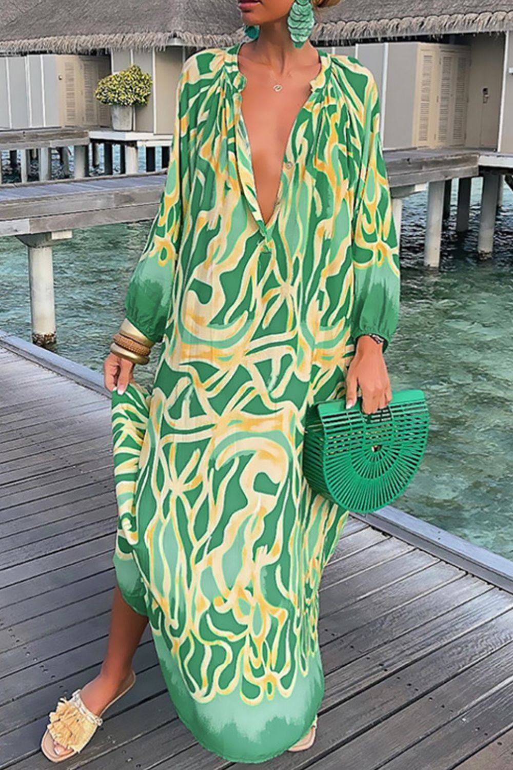 Green Abstract Button Chest Oversized Long Sleeve Dress