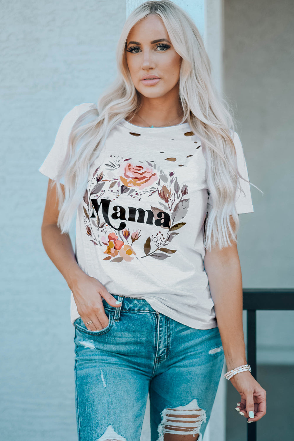 Distressed Cutout MAMA Floral Graphic Tee Shirt (Plus Size Available)