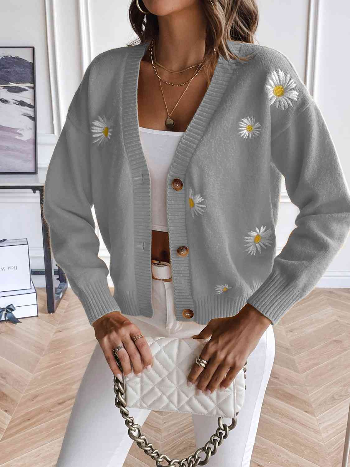 Embroidered Cropped Knit Button Front Retro Long Sleeve Soft Cardigan