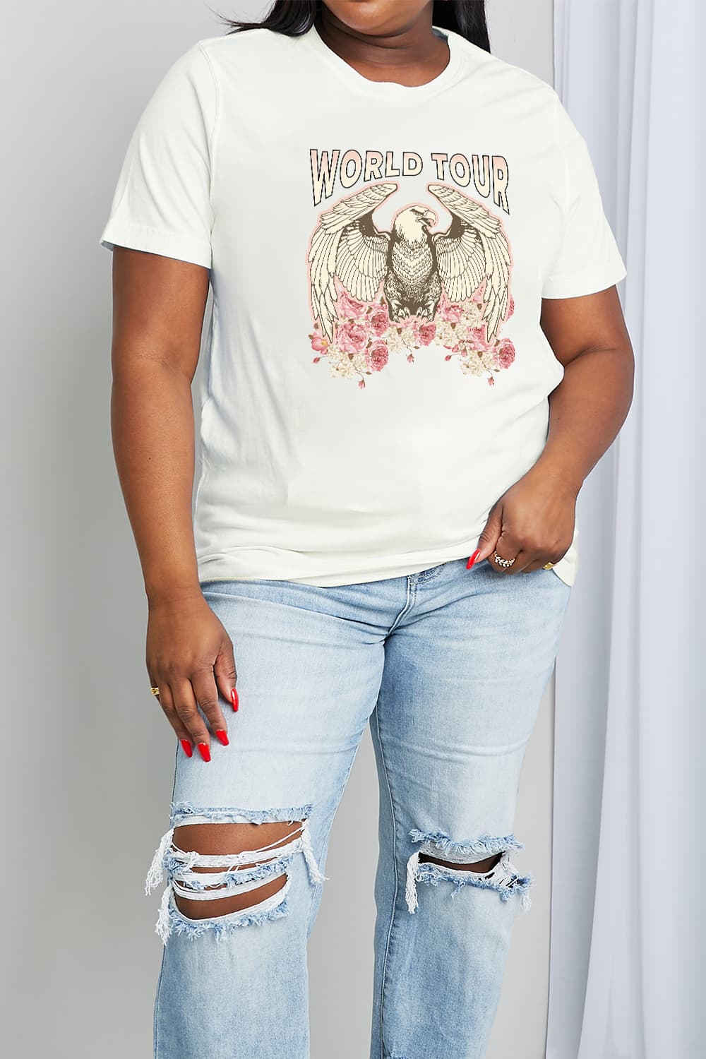 WORLD TOUR Roses American Eagle Graphic 100% Cotton Tee Shirt (Plus Size Available)