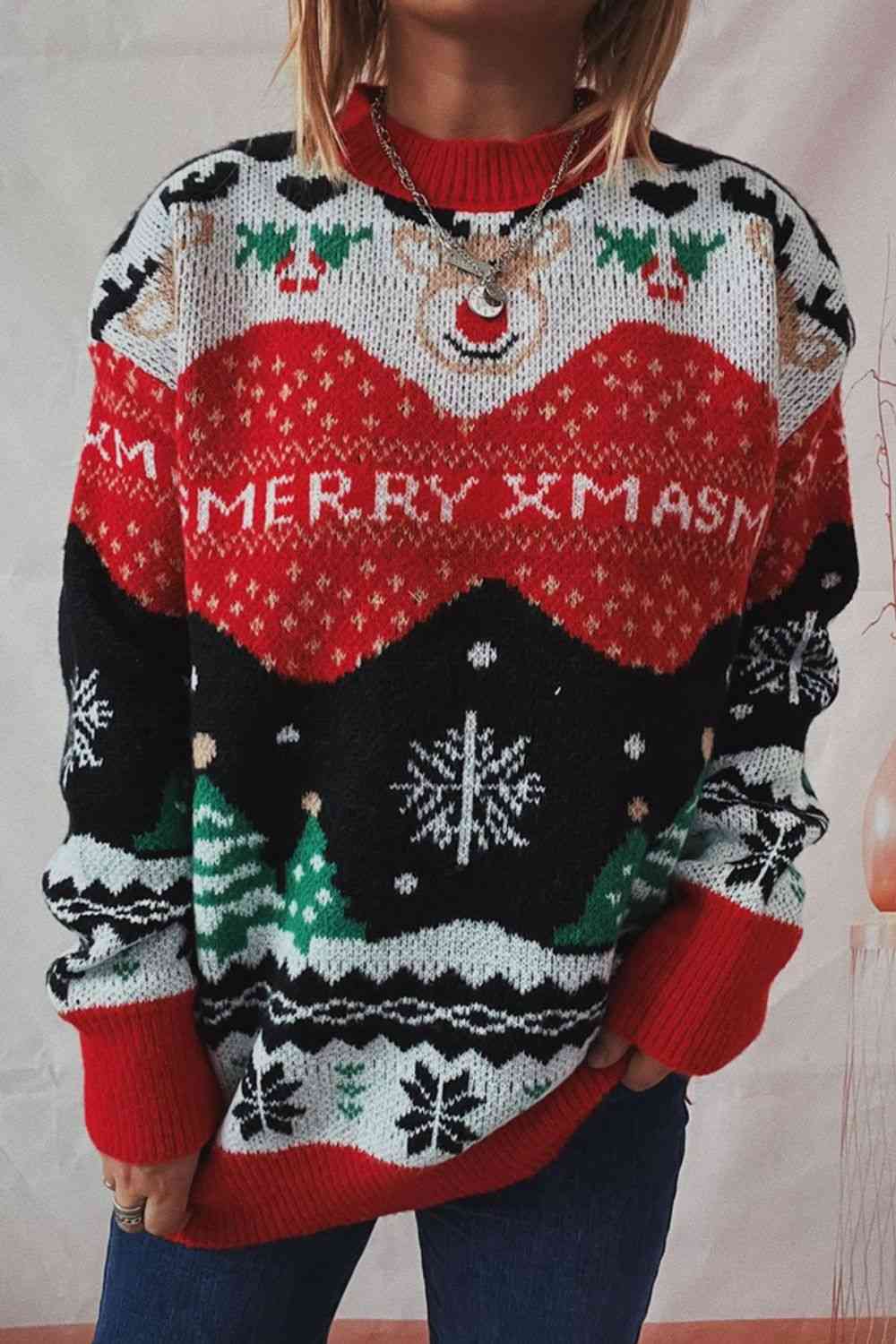 Merry Xmas Red Nose Reindeer Knit Round Neck Holiday Fair Isle Christmas Night Sweater