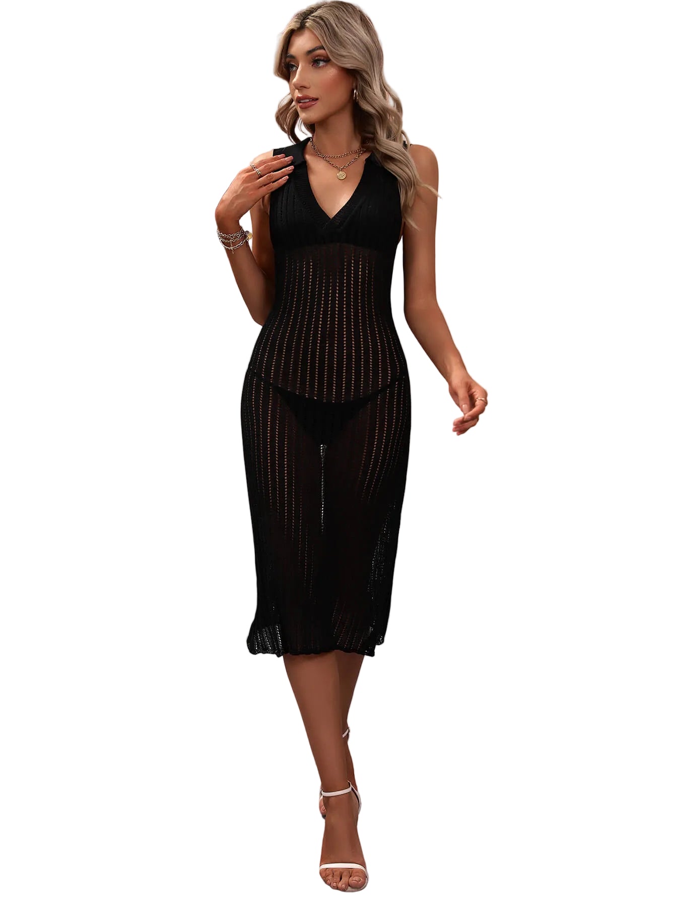 Openwork Knit Swimwear Johnny Collar Sleeveless Bodycon Cover-Up Midi Dress