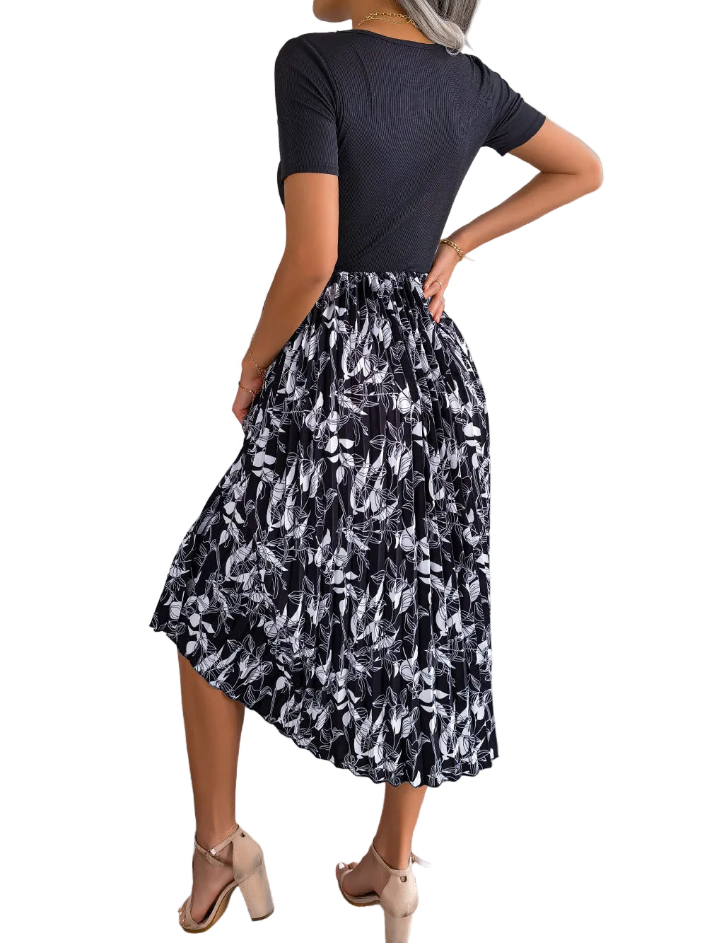 Floral Accordion Pleated Midi Dress Round Neck Short Sleeve Flowing Colorblock A-Line