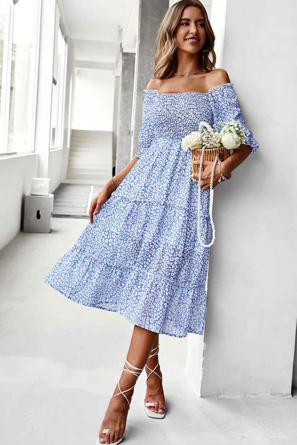 Pastel Ditsy Floral Midi Off-Shoulder Smocked Dress