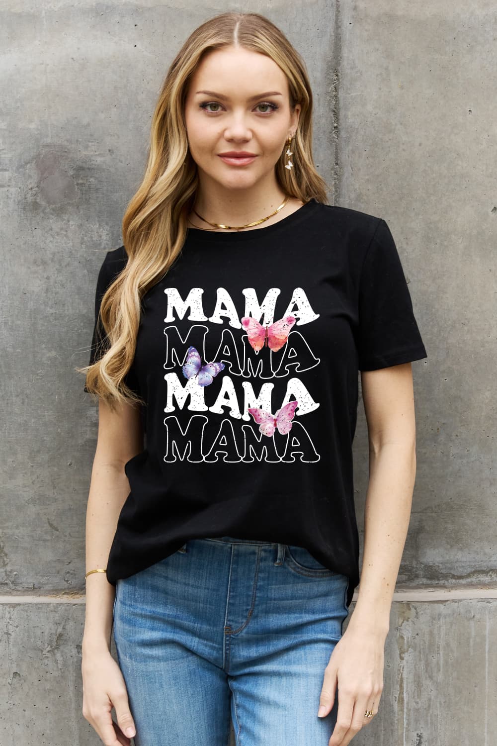 Colorful Butterfly MAMA Graphic 100% Cotton Short-sleeve T-Shirt