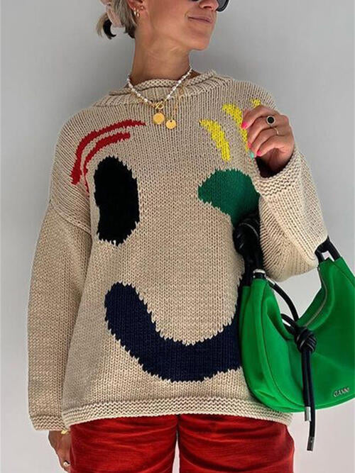 Knit Smiley Face Color Contrast Abstract Long Sleeve Oversized Pullover Sweater Top