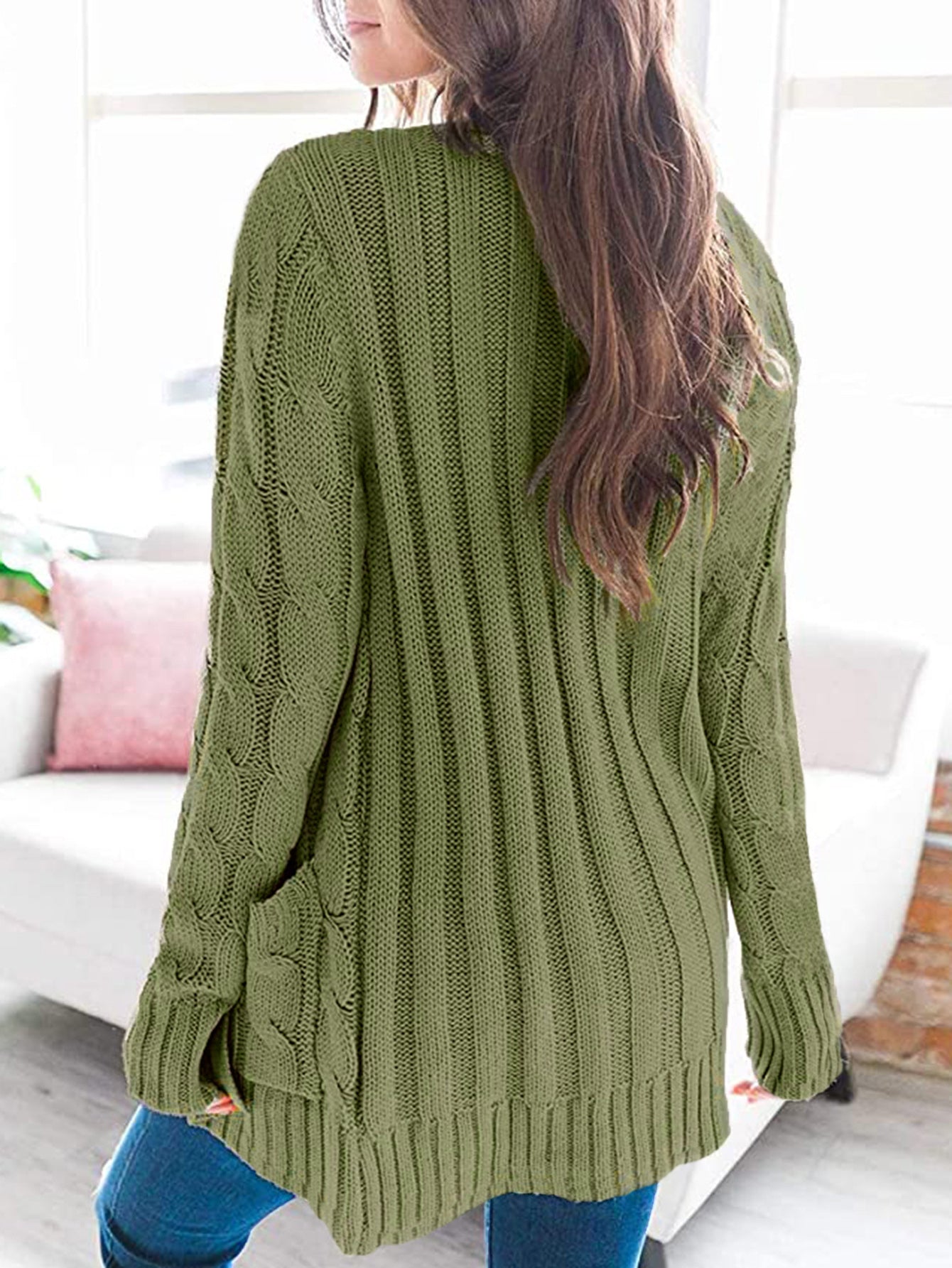 Classic Cable-Knit Buttoned Oversized Cardigan Patch Pockets