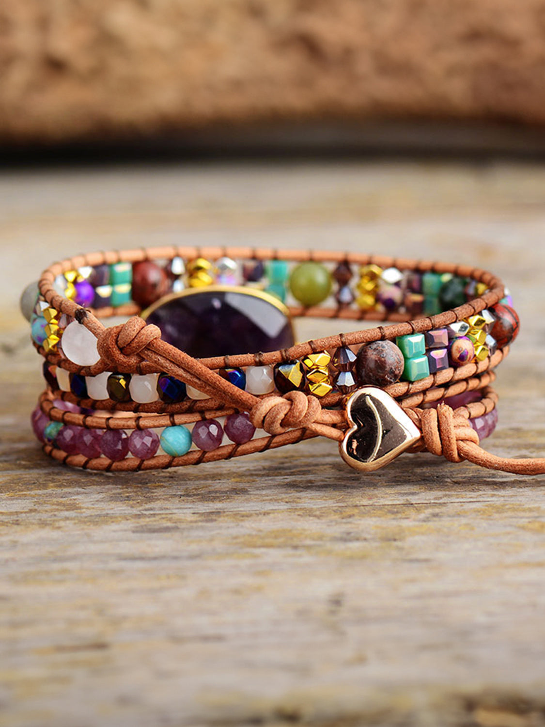 Natural Stone Amethyst Imperial Jasper Agate Multi-Strand Gemstone Wrap Bracelet