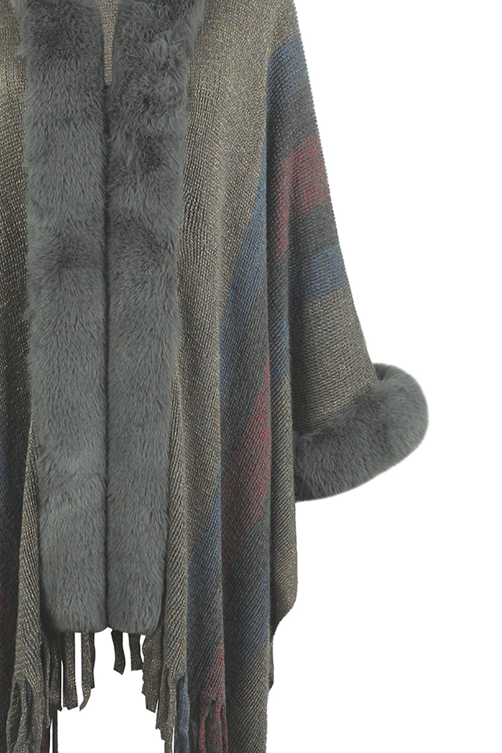Plush Faux Fur Fringe Hem Retro Oversized Long Knit Hoodie Cardigan Poncho