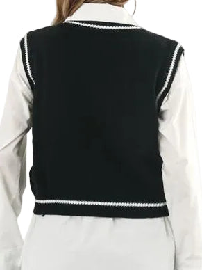 Skull Argyle V-Neck Boxy Knit Sweater Vest Contrast Stripe Sleeveless Pullover Top