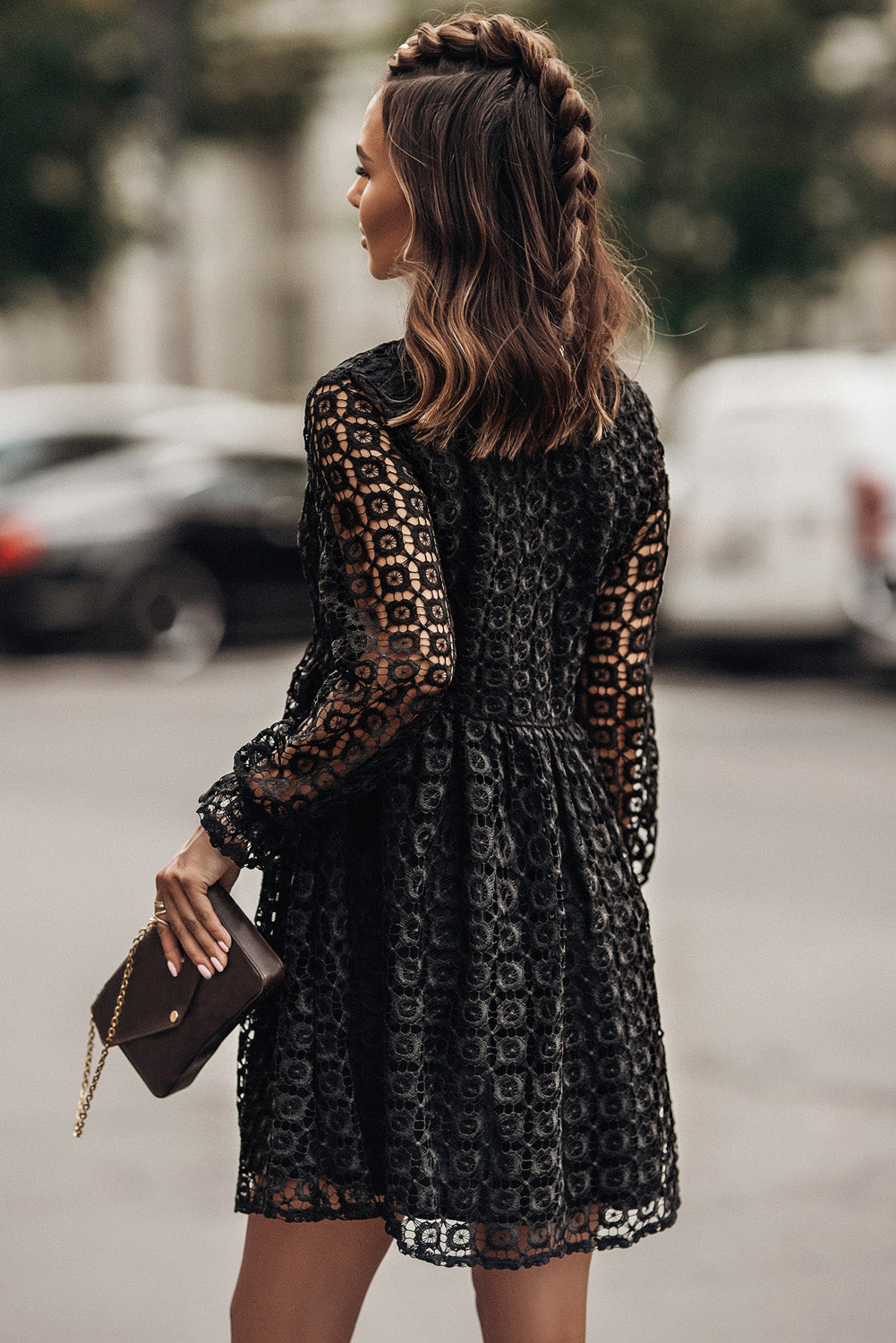 Full Lace Long Sleeve Empire Waist V-neck Babydoll Mini Dress - Black / S Full Lace Long Sleeve Empire Waist V-neck Babydoll Mini Dress - Black / S