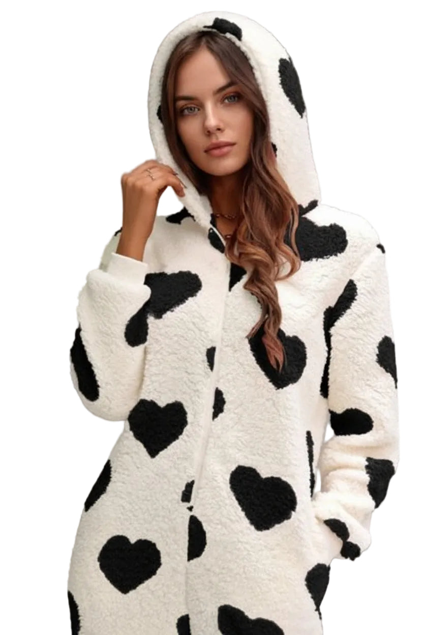 Fuzzy Sherpa Heart Hooded Zip-Up Teddy Sherpa One-Piece Loungewear Jumpsuit