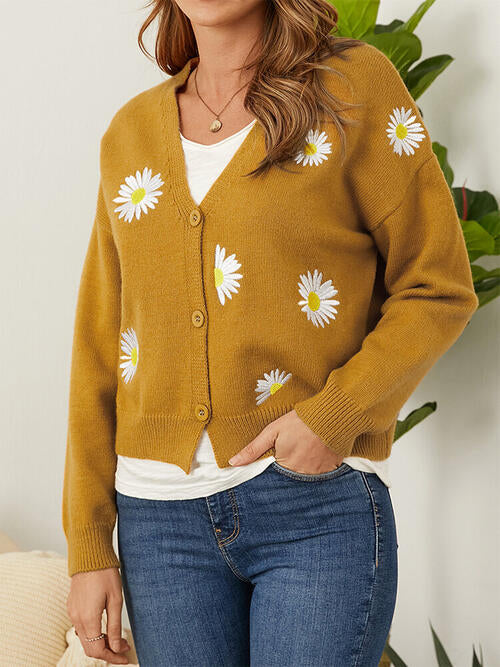 Floral Embroidered Cropped Classic Knit Button Front Retro Long Sleeve Soft Cardigan