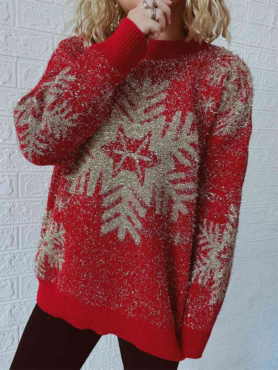 Fuzzy Red Gold Bold Knit Round Neck Classy Holiday Christmas Winter Sweater