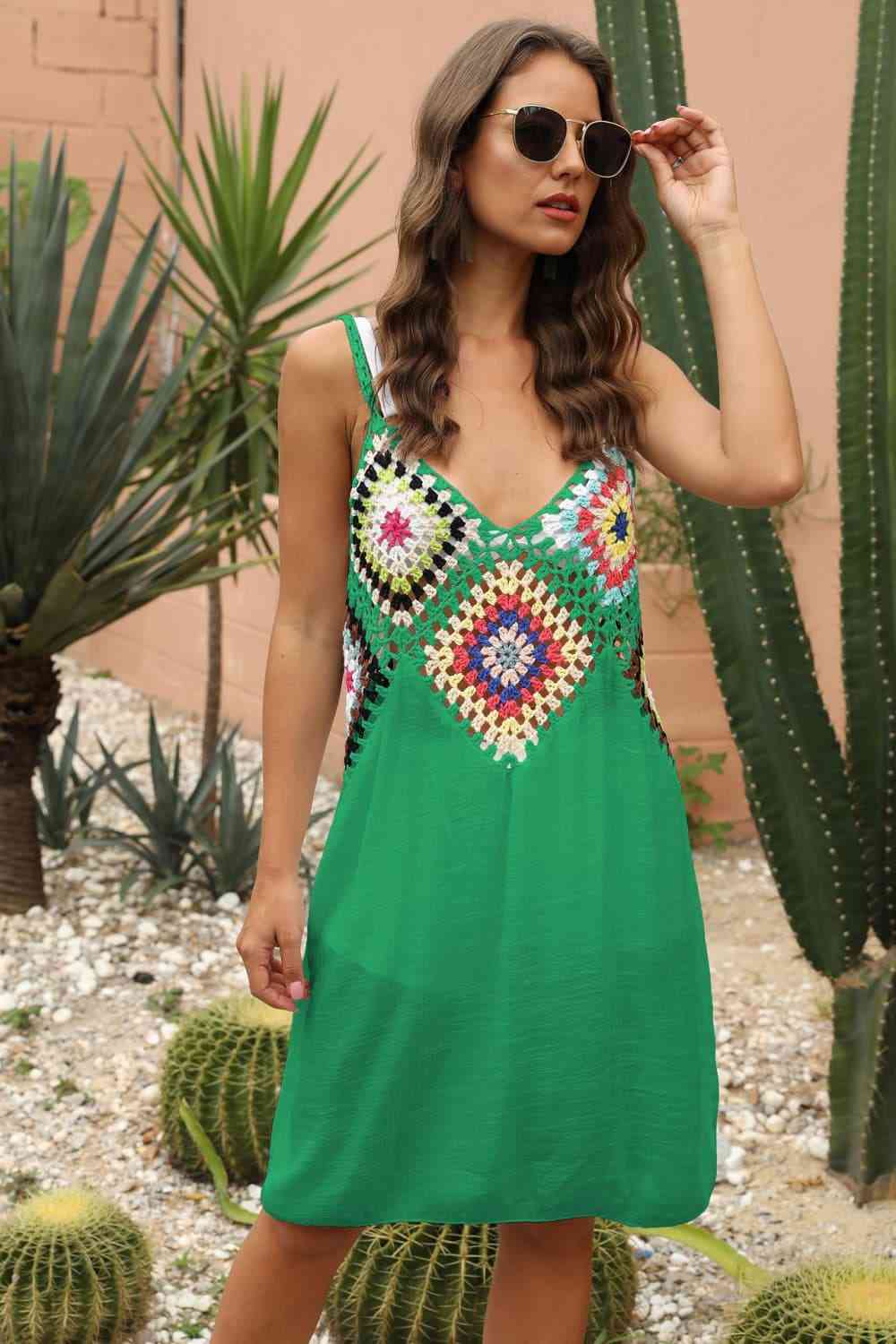 Granny Square Crochet Openwork Retro Swimwear Cover-Up Sleeveless Mini Dress