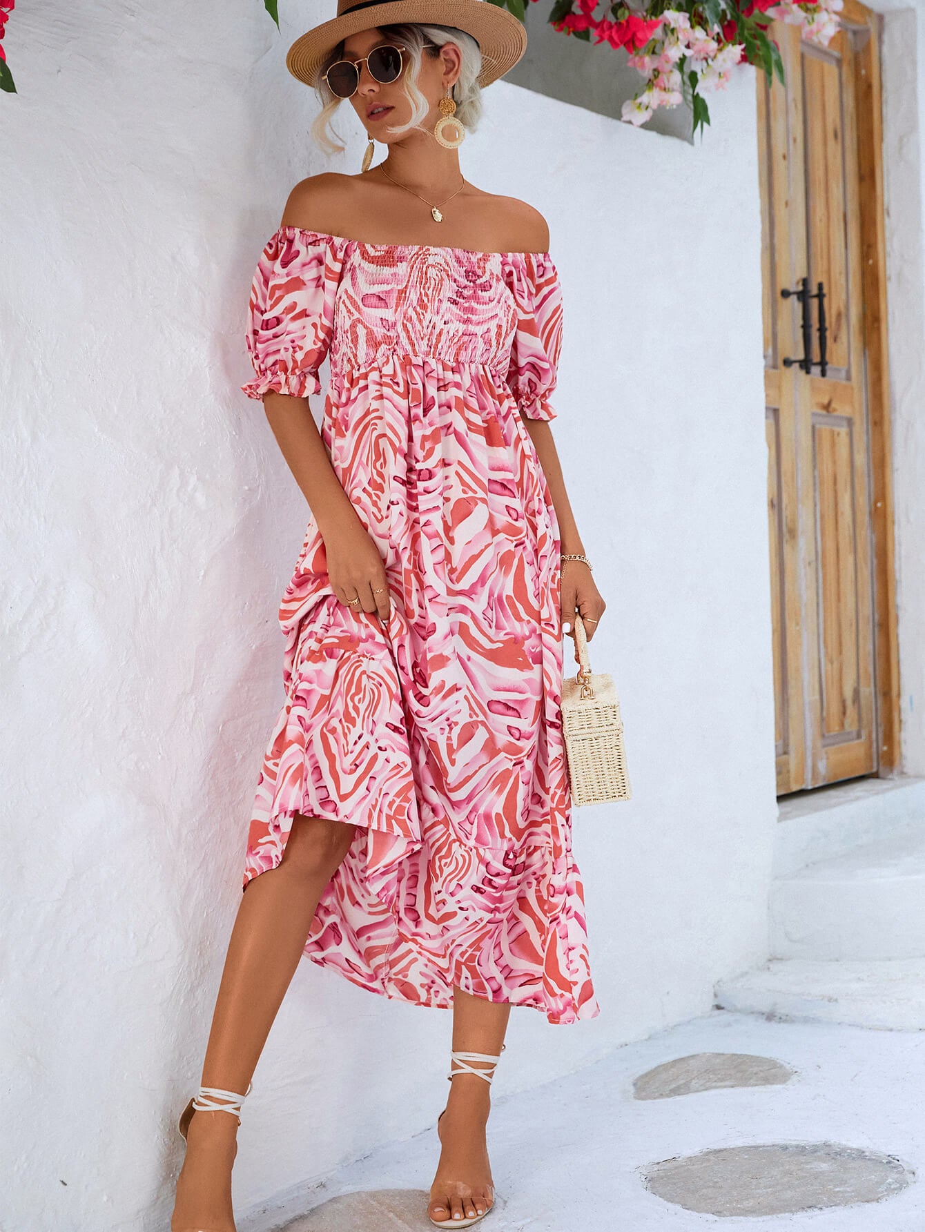 Off The Shoulder Smocked Bodice Flowing Midi Summer Dress