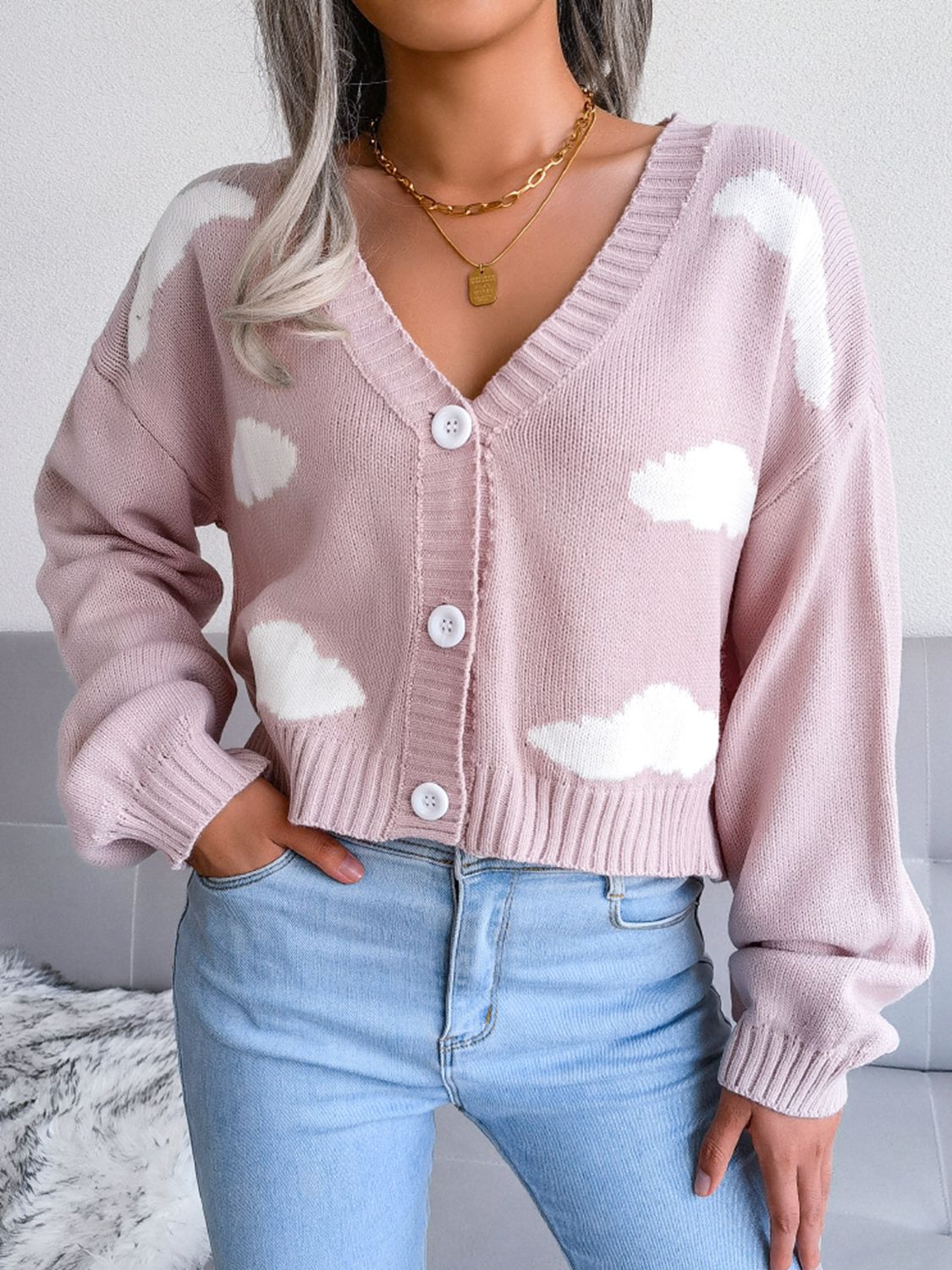 Cloud Print Cropped Classic Knit Button Front Retro Long Sleeve Cardigan