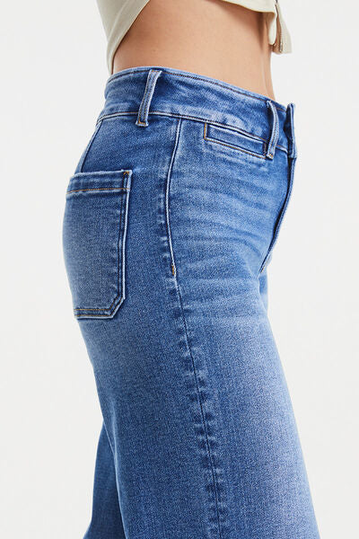 High-Rise Denim Jeans Straight Wide Leg Raw Distressed Torn Hem Retro Pants BAYEAS