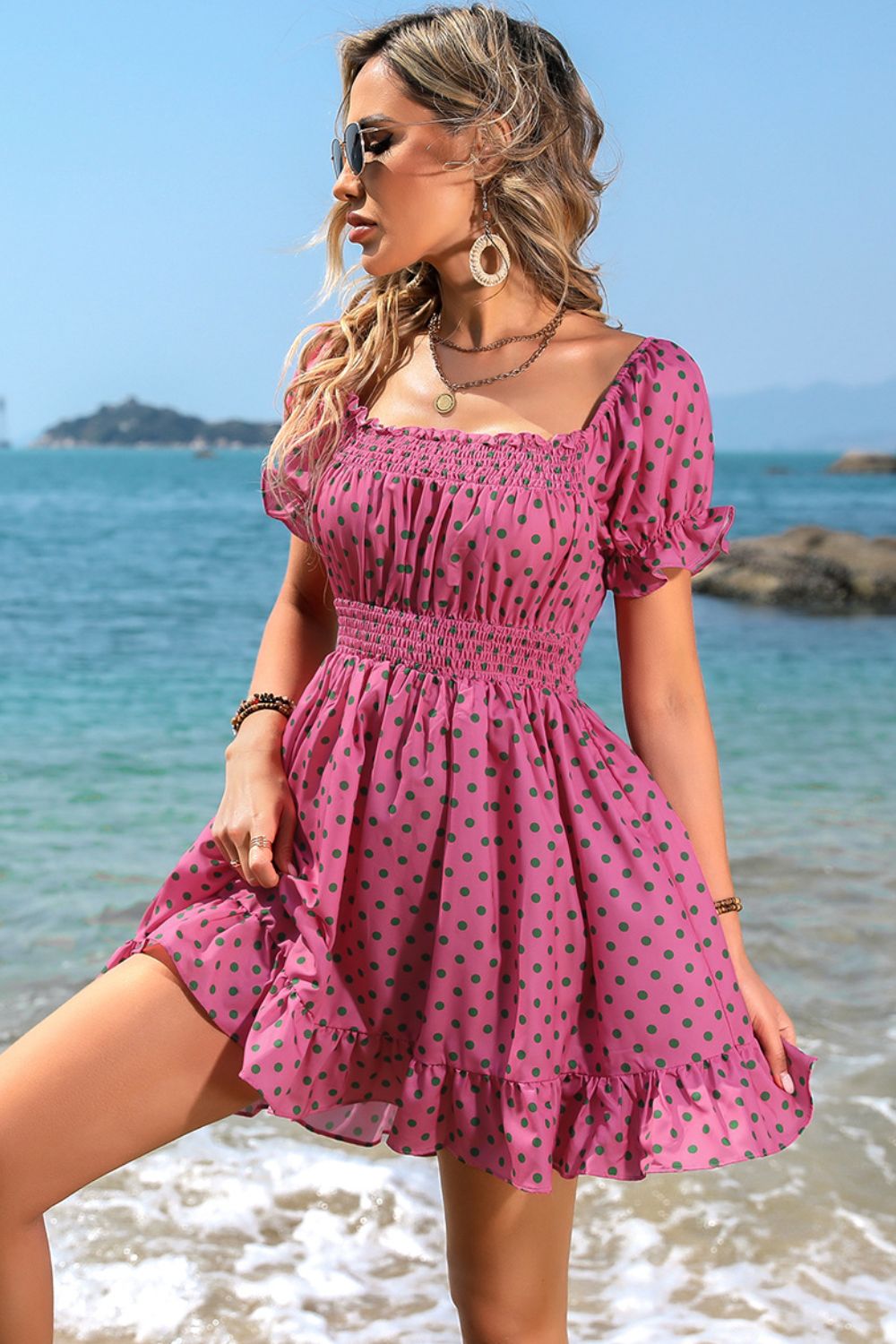 Ruffle Accent Smocked Chest and Waist Babydoll Mini Dress