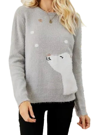Fuzzy Embroidered Winter Animal Crew Neck Long Sleeve Novelty Holiday Sweater