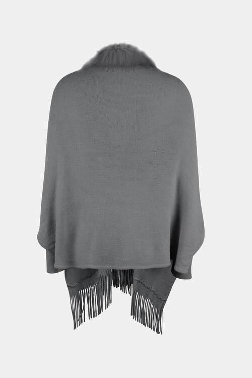 Plush Faux Fur Retro Fringe Hem Open Front Knit Poncho Knit Cardigan