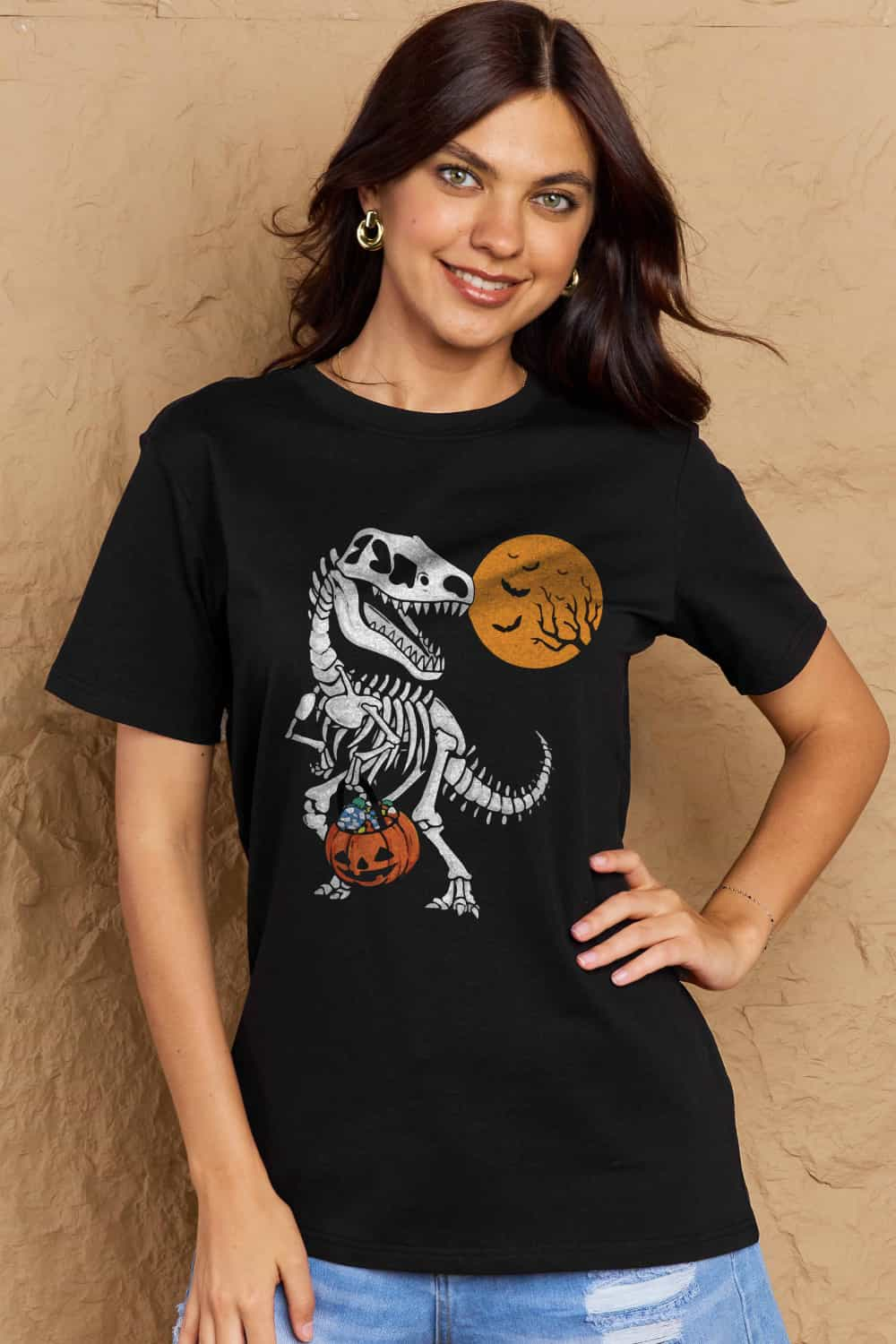 T-Rex Skeleton Trick or Treating Dinosaur Funny Graphic Tee Shirt Halloween Top