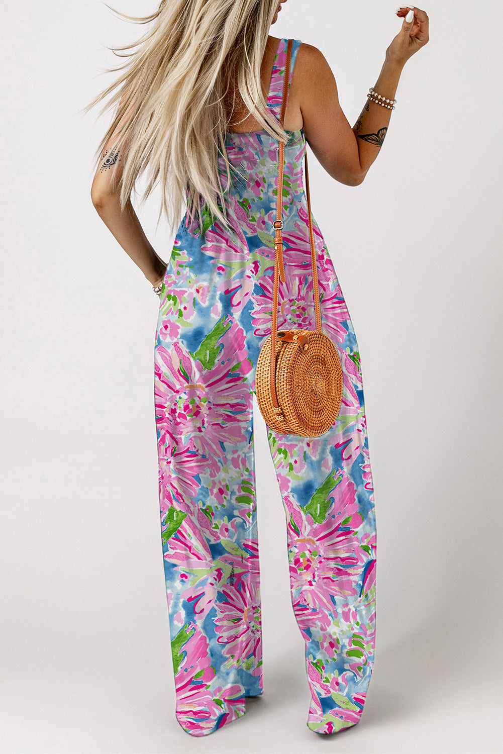 Palm Beach Floral Smock Sleeveless Wide Leg One Piece Pocket Pant Jumpsuit