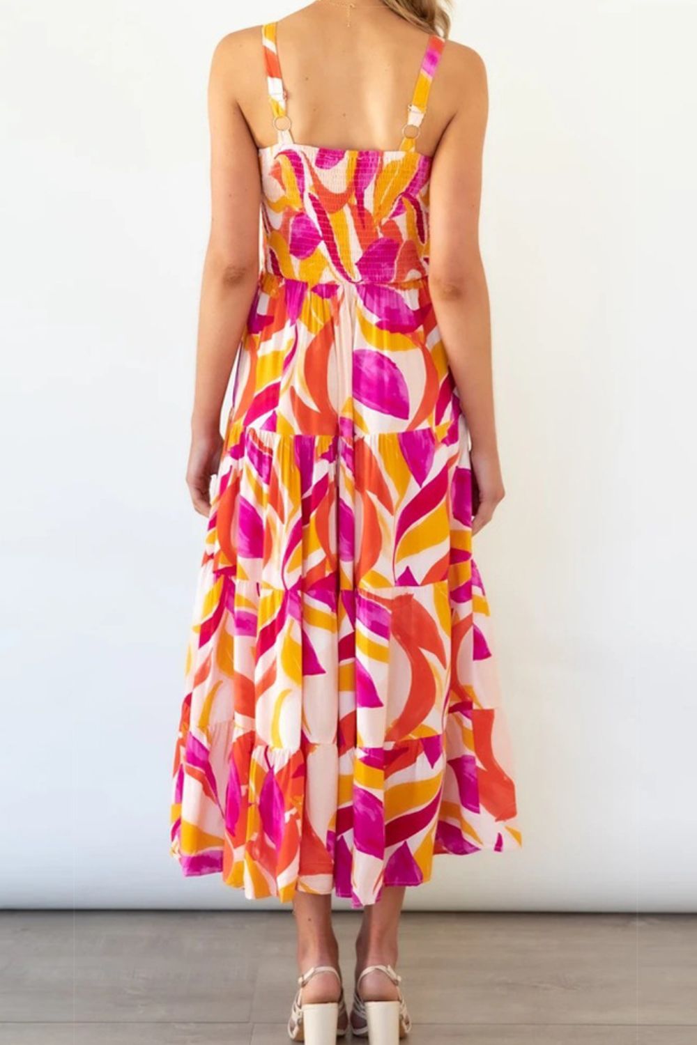 Bright Vibrant Abstract Sleeveless Smocked Bodice Summer Maxi Dress