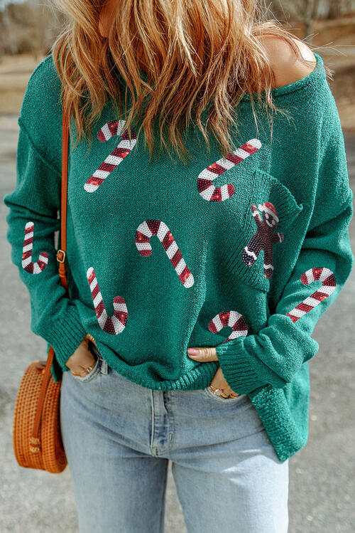 Sequin Candy Cane Gingerbread Man Knit Boat Neck Holiday Oversized Sweater