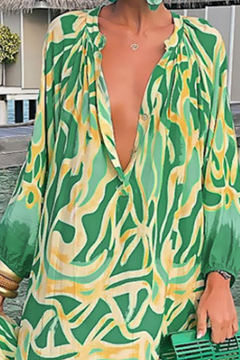 Green Abstract Button Chest Oversized Long Sleeve Dress