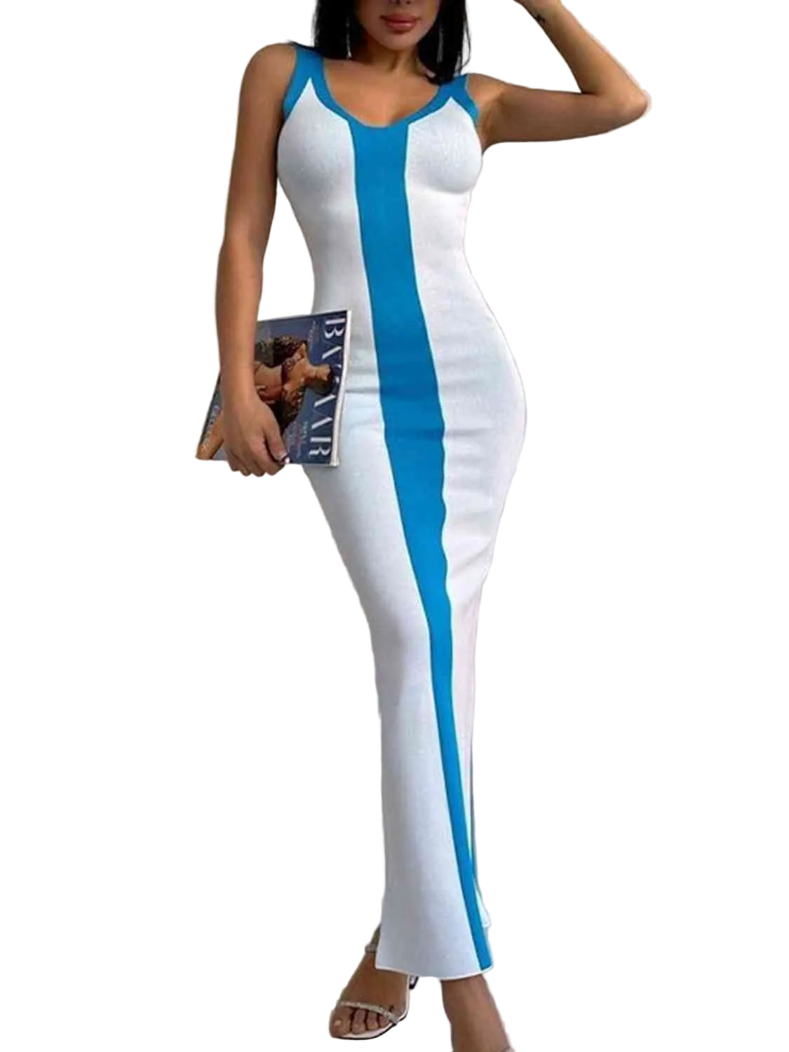Contrast Colorblock Scoop Neck Fitted Sleeveless Bodycon Back Slit Midi Dress