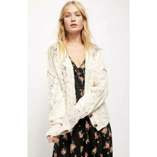 FREE PEOPLE Sandstorm CARDIGAN in IVORY MOON with OCEAN knit Sweater