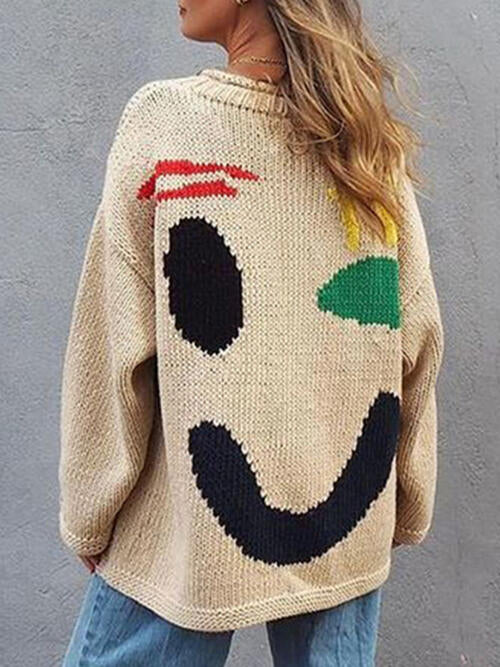 Knit Smiley Face Color Contrast Abstract Long Sleeve Oversized Pullover Sweater Top